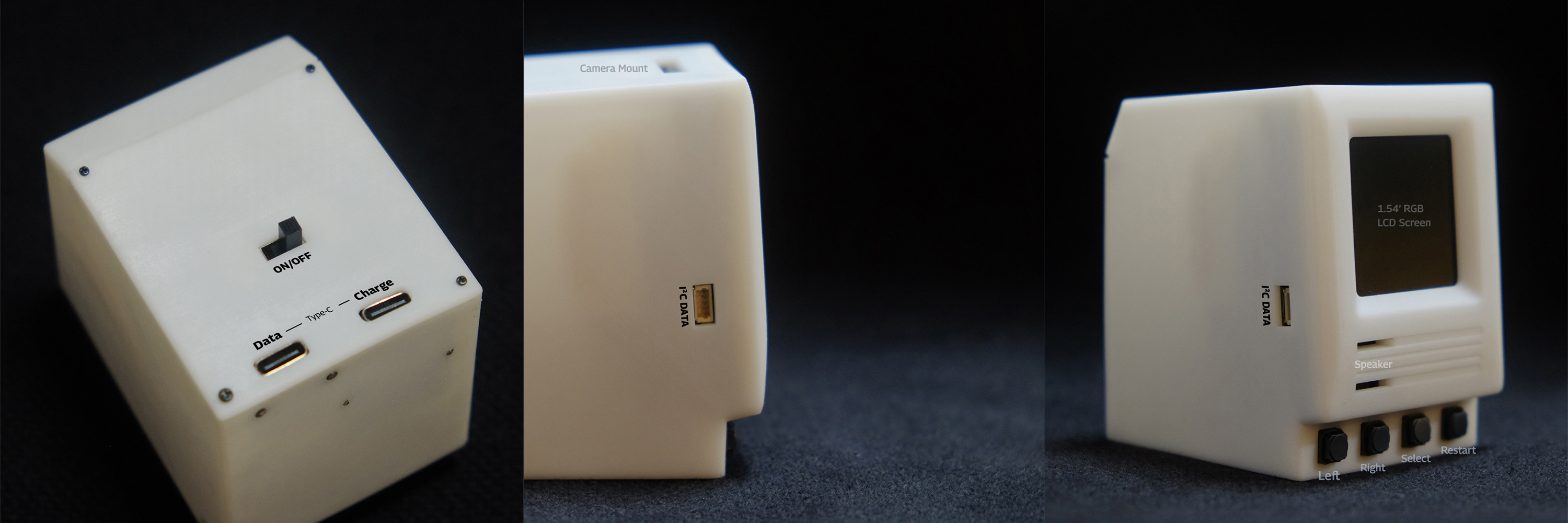 Hardware specifications — back, side, and front views of the Micro Macintosh